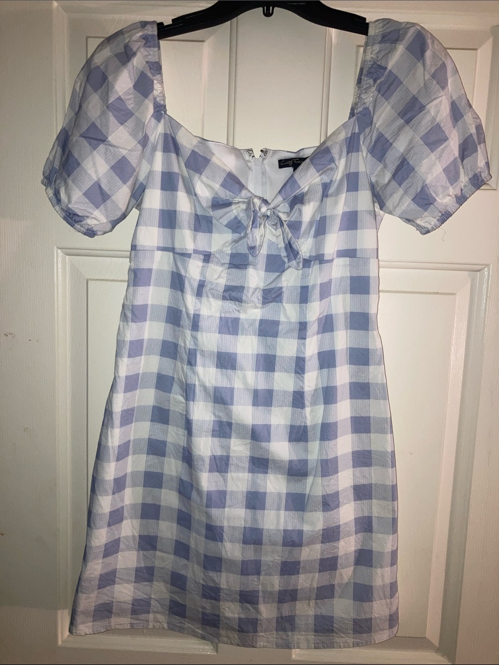 City Triangles Light Blue and White Gingham Tie-Front Puff Sleeve Dress